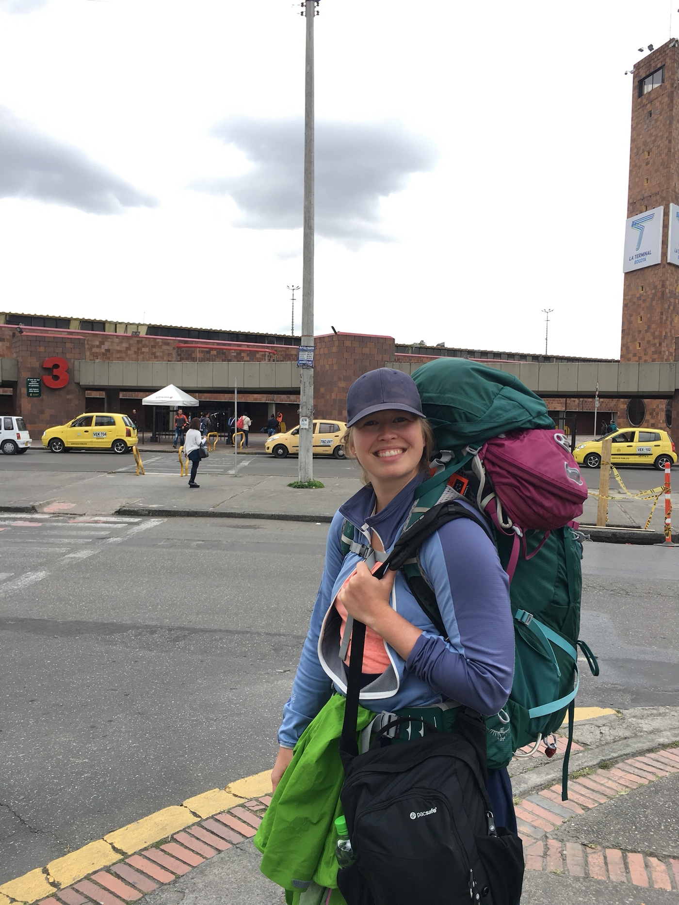 Ida with her backpack in Bogota, Colombia